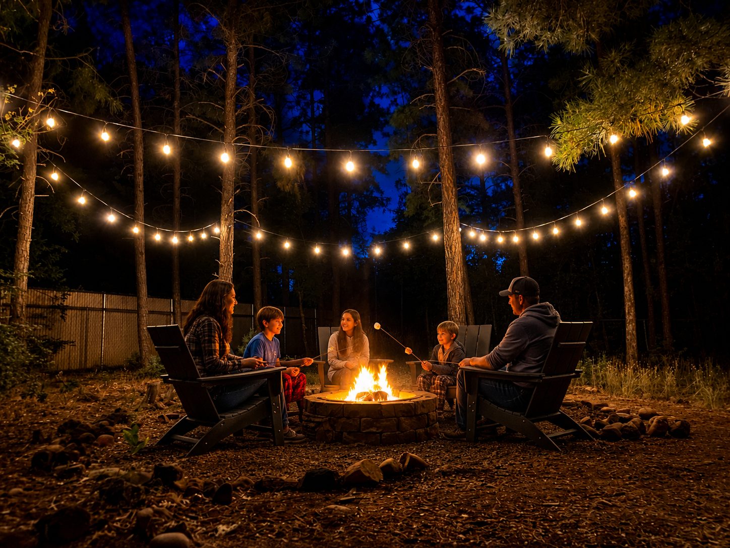Family around the fire pit with string lights at Parkway Lodge