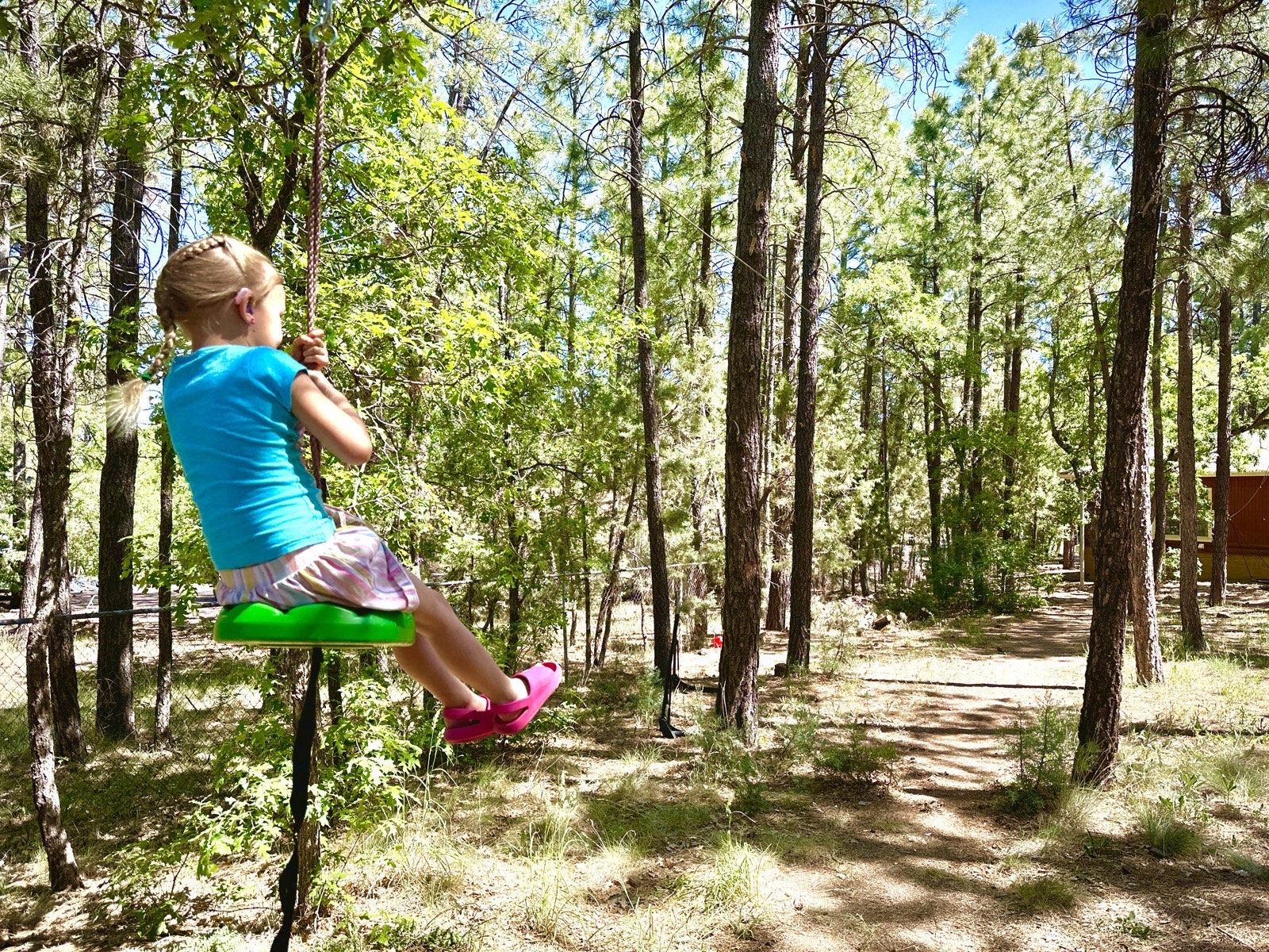Kid on a rope swing in the pines at Parkway Lodge